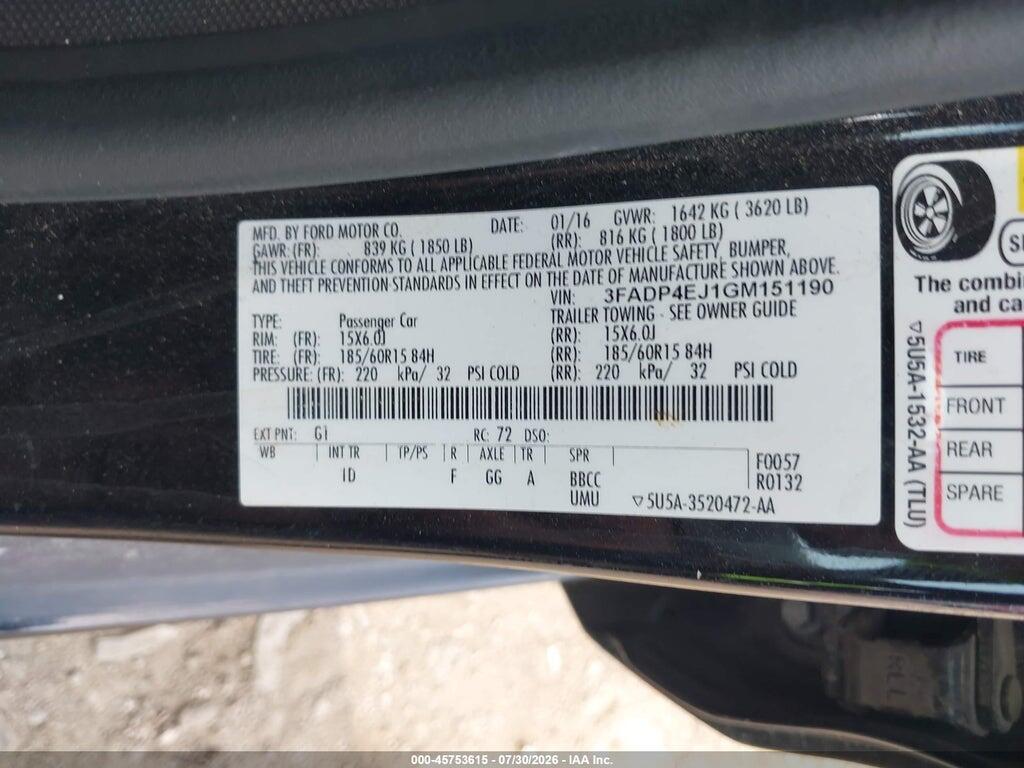 3FADP4EJ1GM151190 2016 FORD FIESTA photo no. 9