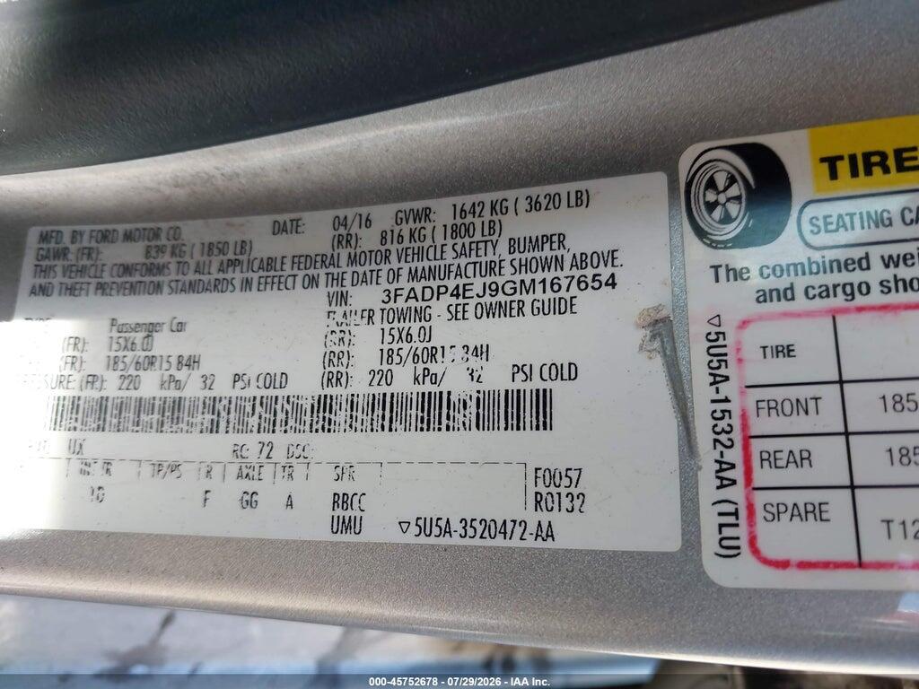 3FADP4EJ9GM167654 2016 FORD FIESTA photo no. 9