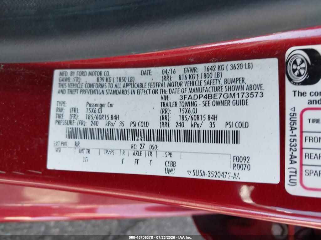 3FADP4BE7GM173573 2016 FORD FIESTA photo no. 9