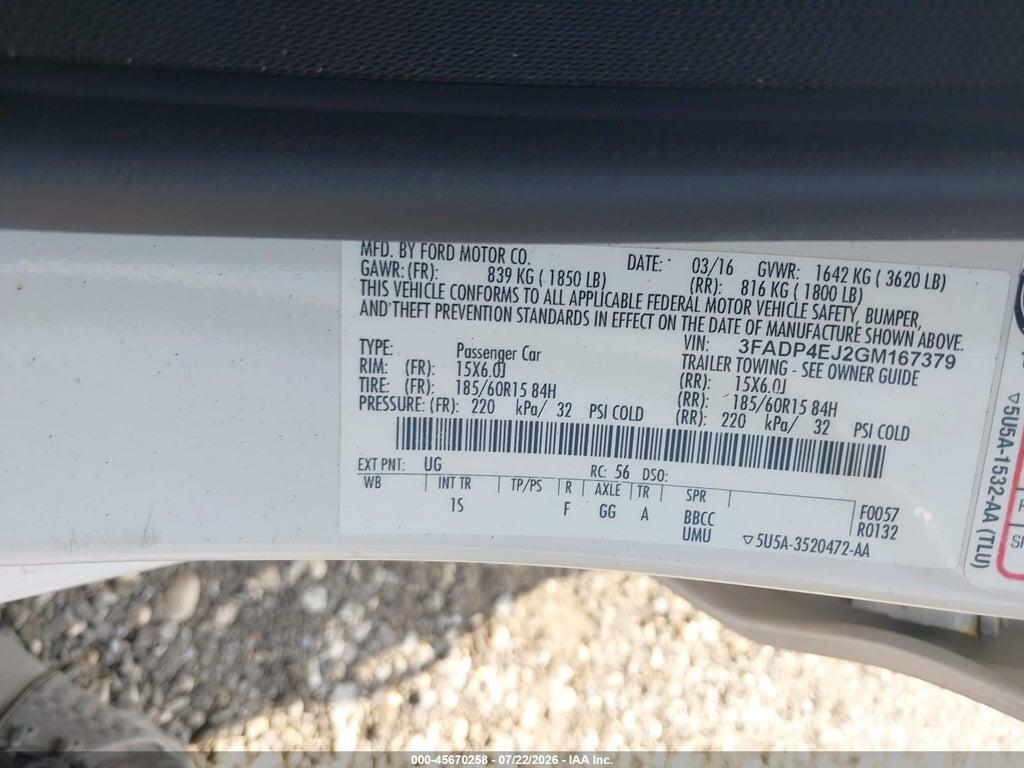 3FADP4EJ2GM167379 2016 FORD FIESTA photo no. 9