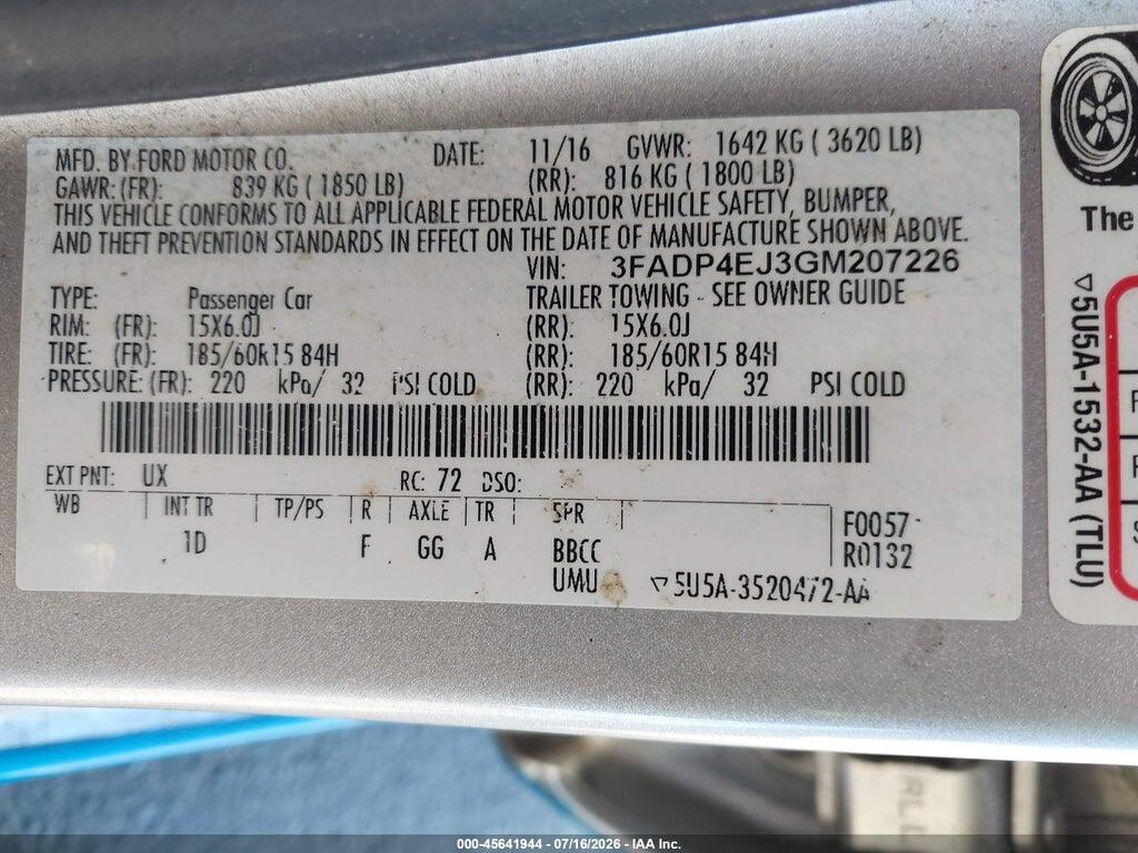 3FADP4EJ3GM207226 2016 FORD FIESTA photo no. 9