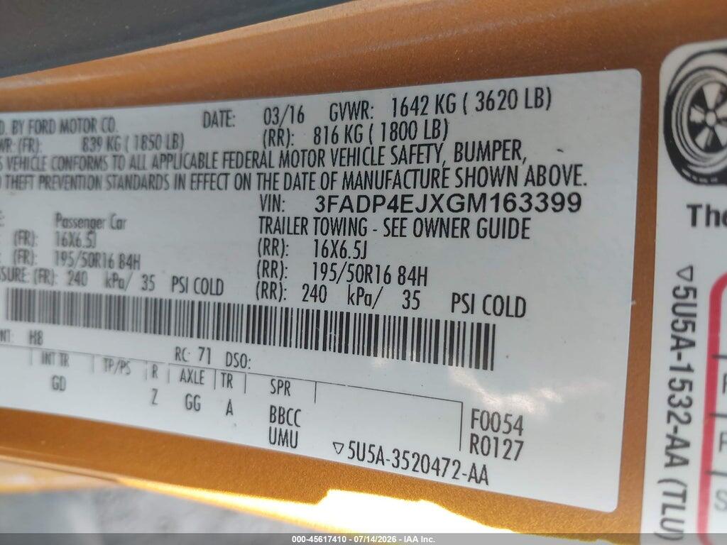 3FADP4EJXGM163399 2016 FORD FIESTA photo no. 9