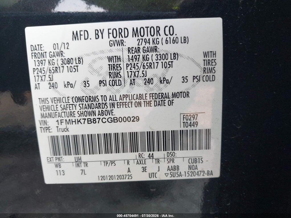 1FMHK7B87CGB00029 2012 FORD EXPLORER photo no. 9