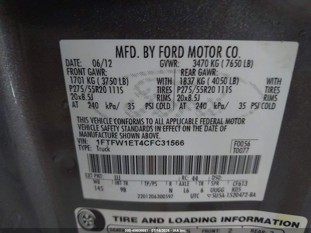 1FTFW1ET4CFC31566 2012 FORD F-150 photo no. 9
