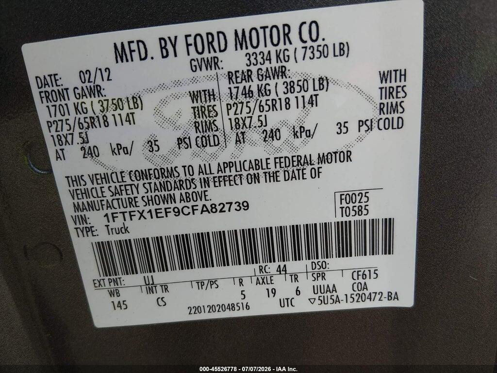 1FTFX1EF9CFA82739 2012 FORD F-150 photo no. 9