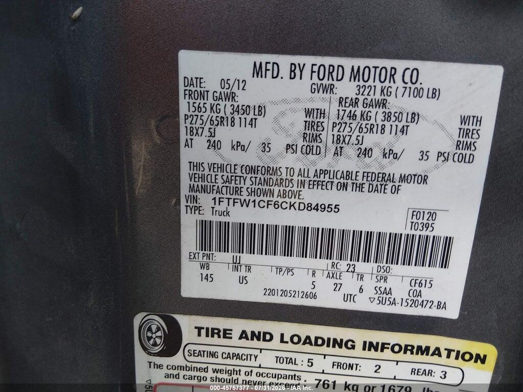 1FTFW1CF6CKD84955 2012 FORD F-150 photo no. 9