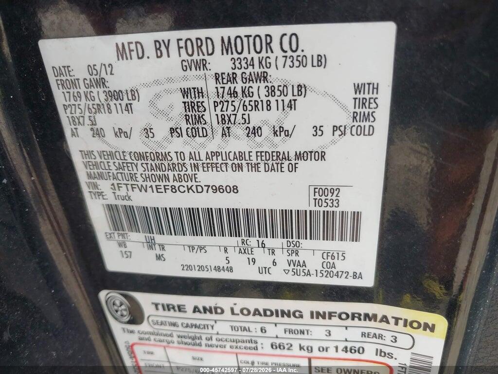 1FTFW1EF8CKD79608 2012 FORD F-150 photo no. 9