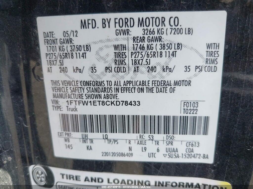 1FTFW1ET8CKD78433 2012 FORD F-150 photo no. 9