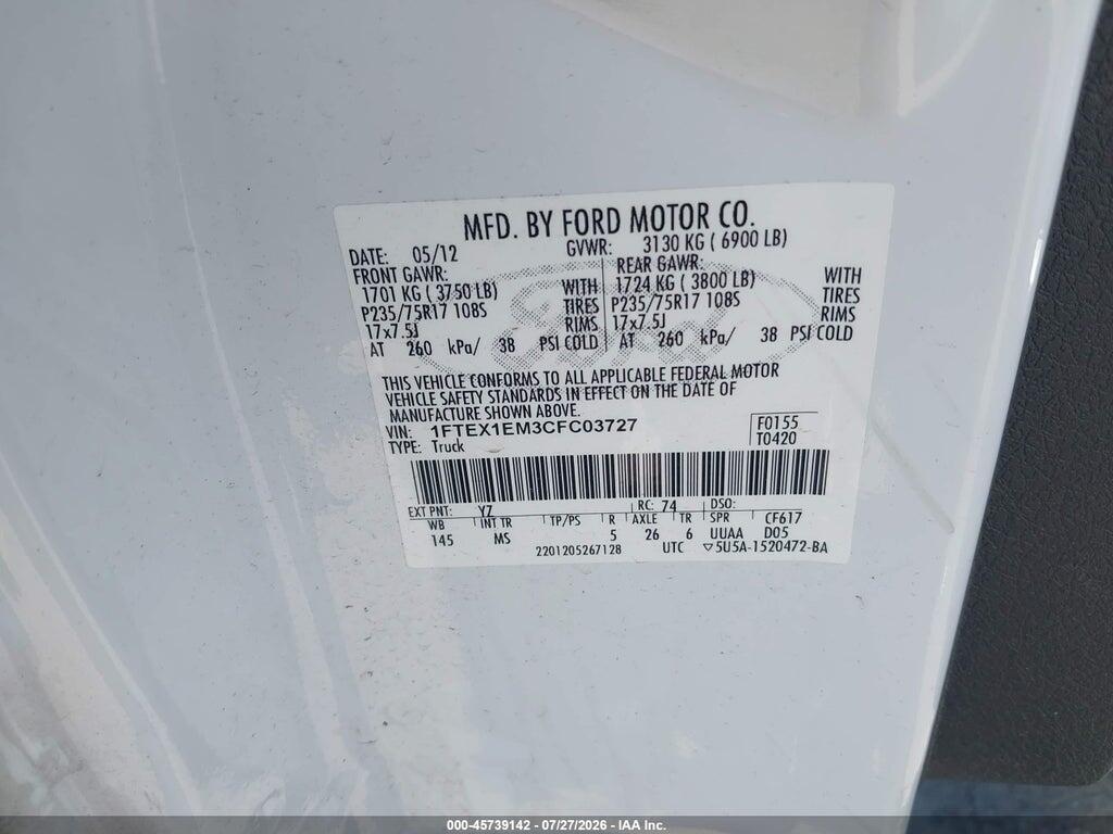 1FTEX1EM3CFC03727 2012 FORD F-150 photo no. 9