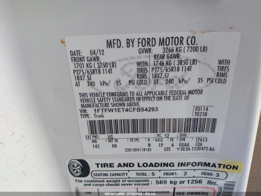 1FTFW1ET4CFB54293 2012 FORD F-150 photo no. 9