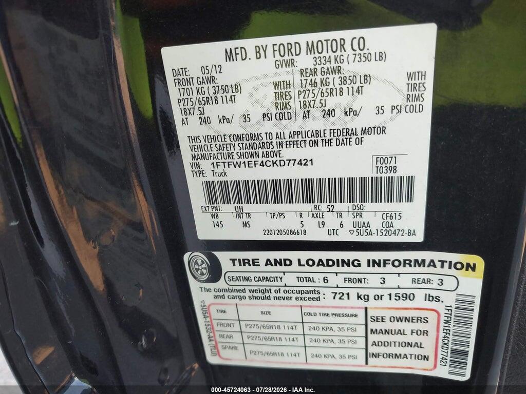 1FTFW1EF4CKD77421 2012 FORD F-150 photo no. 9
