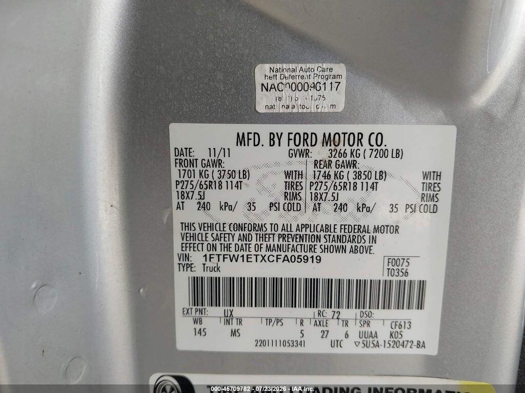 1FTFW1ETXCFA05919 2012 FORD F-150 photo no. 9