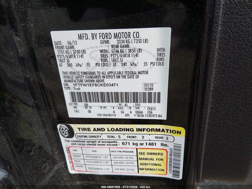 1FTFW1EF8CKE03471 2012 FORD F-150 photo no. 9