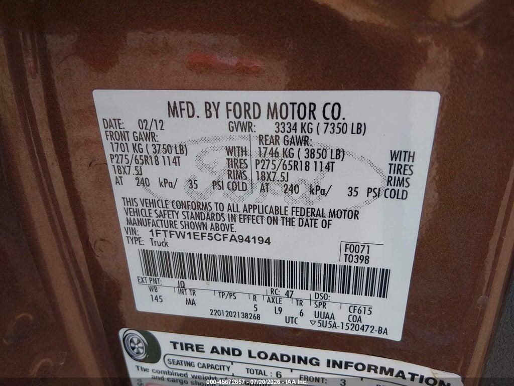 1FTFW1EF5CFA94194 2012 FORD F-150 photo no. 9