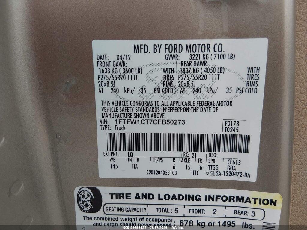 1FTFW1CT7CFB50273 2012 FORD F-150 photo no. 9