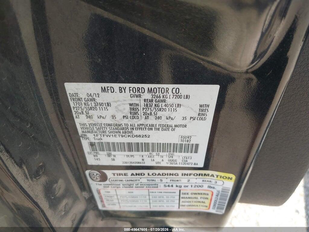 1FTFW1ET9CKD68252 2012 FORD F-150 photo no. 9
