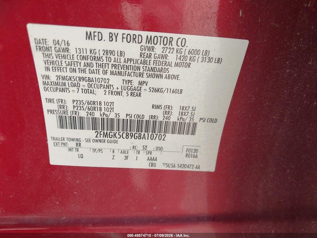 2FMGK5C89GBA10702 2016 FORD FLEX photo no. 9