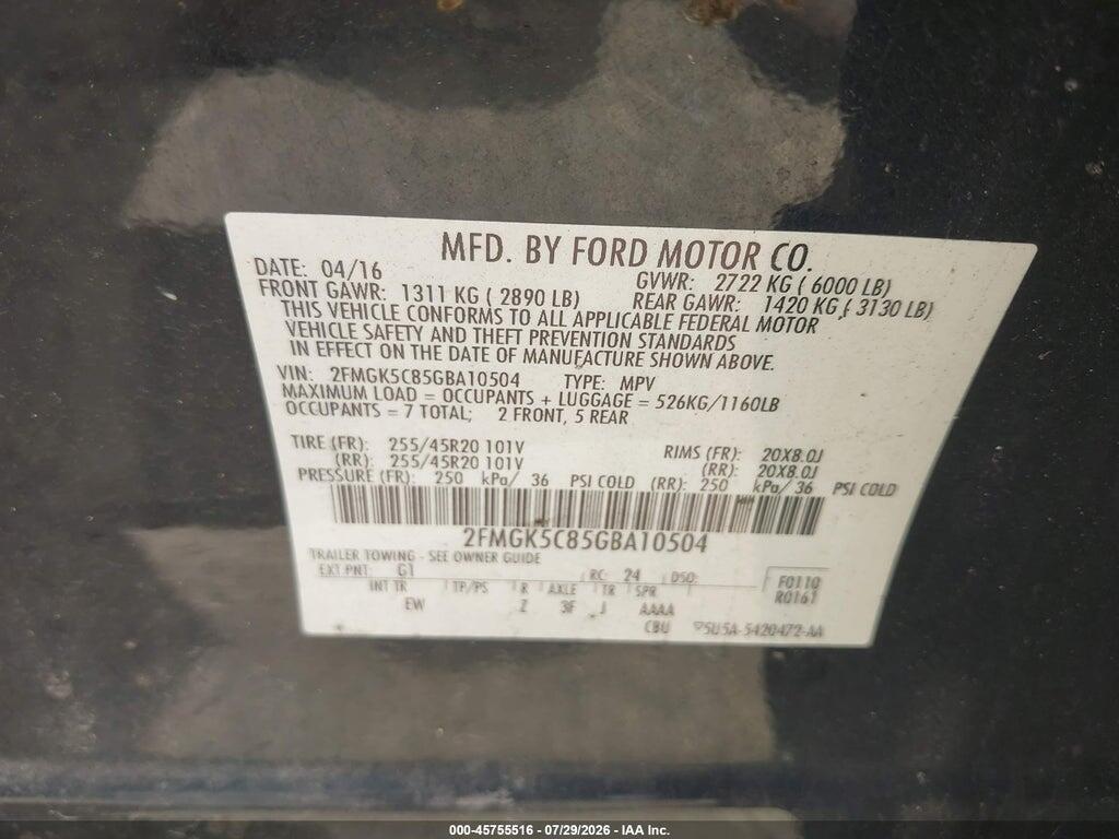 2FMGK5C85GBA10504 2016 FORD FLEX photo no. 9