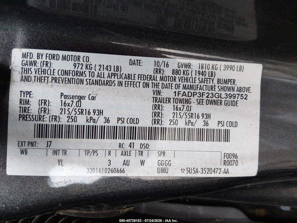 1FADP3F23GL399752 2016 FORD FOCUS photo no. 9