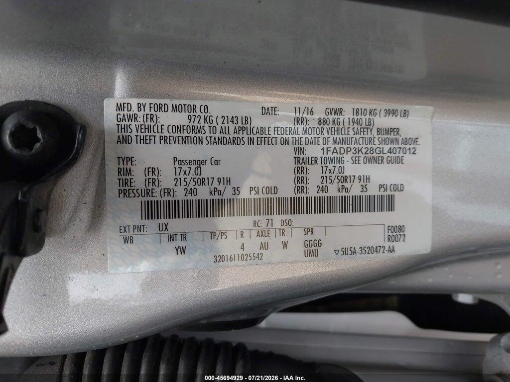 1FADP3K28GL407012 2016 FORD FOCUS photo no. 9