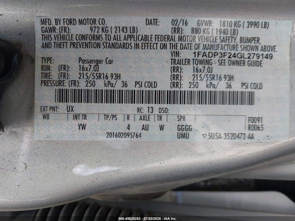 1FADP3F24GL279149 2016 FORD FOCUS photo no. 9