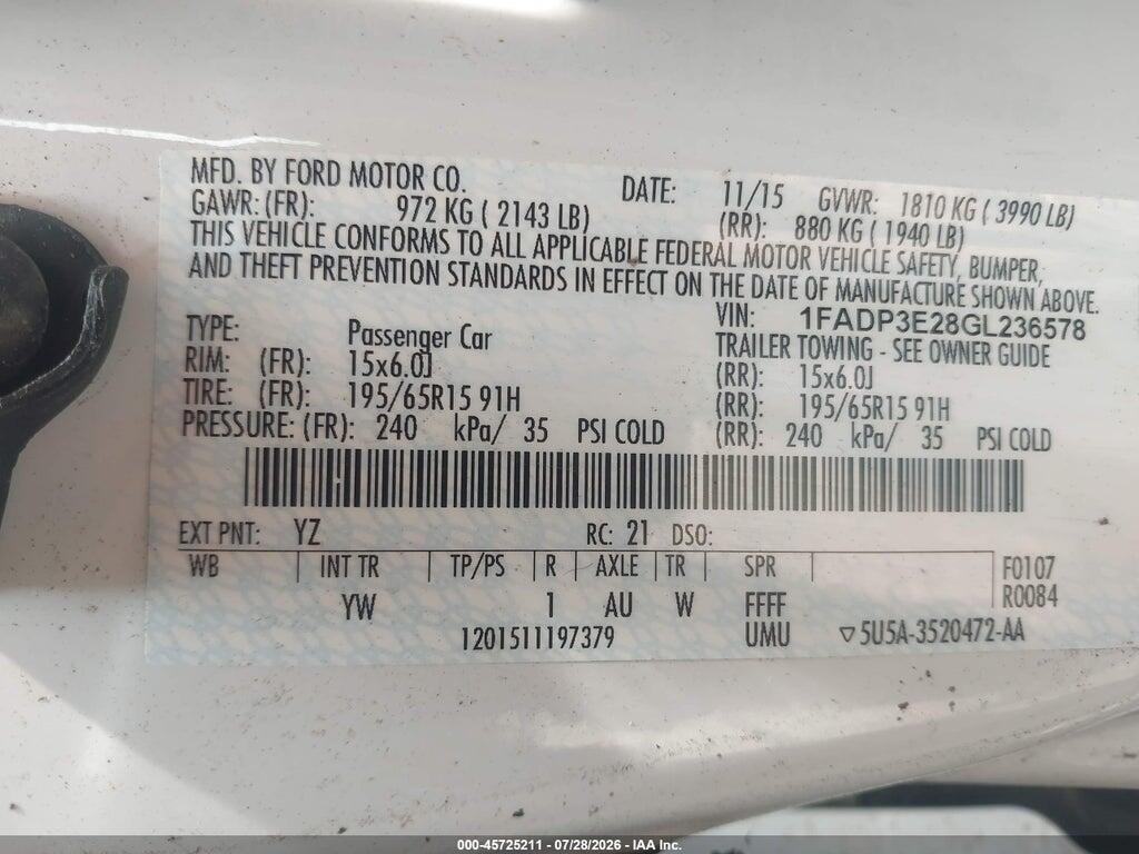 1FADP3E28GL236578 2016 FORD FOCUS photo no. 9