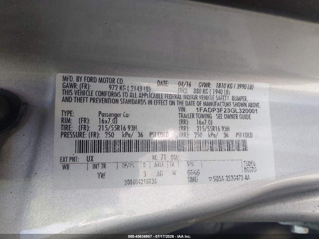 1FADP3F23GL320001 2016 FORD FOCUS photo no. 9