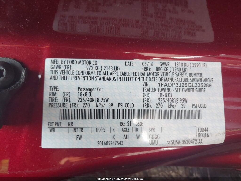 1FADP3J26GL335289 2016 FORD FOCUS photo no. 9