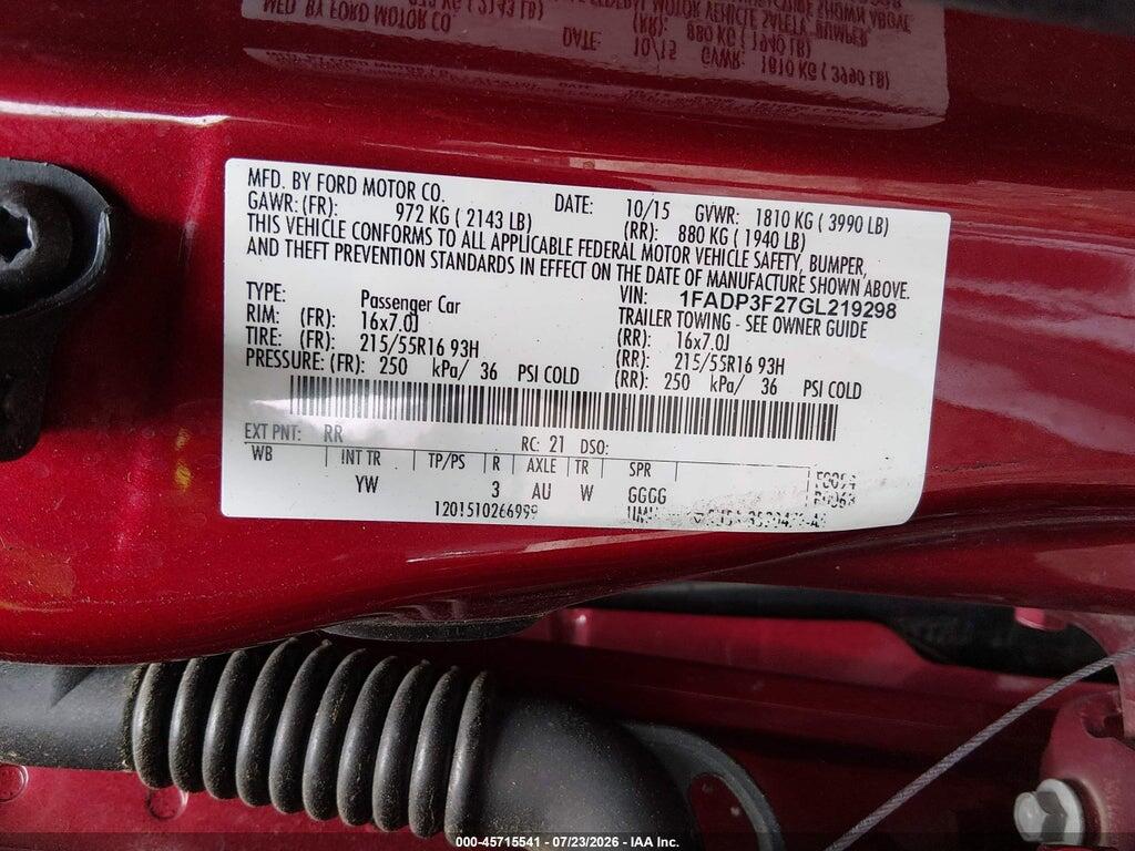 1FADP3F27GL219298 2016 FORD FOCUS photo no. 9