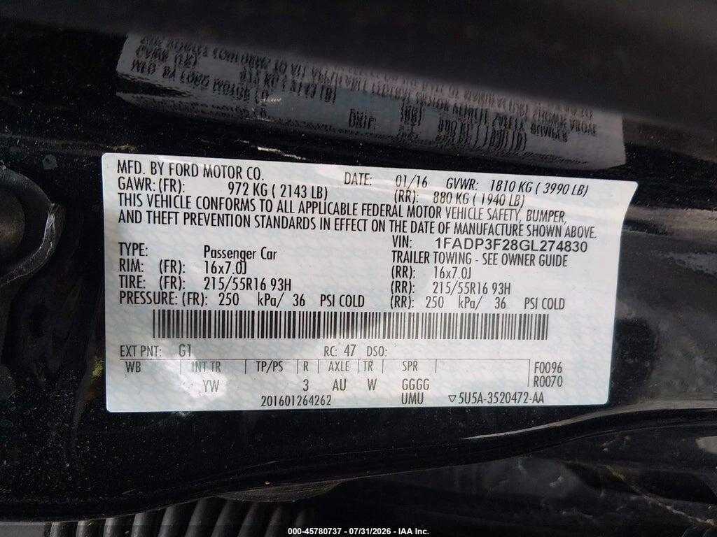 1FADP3F28GL274830 2016 FORD FOCUS photo no. 9