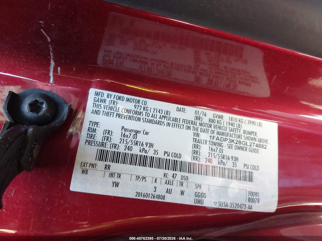 1FADP3K28GL274882 2016 FORD FOCUS photo no. 9