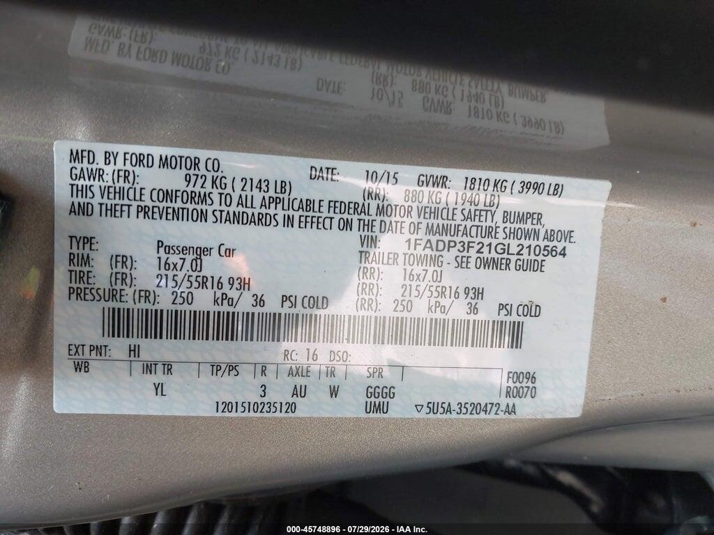 1FADP3F21GL210564 2016 FORD FOCUS photo no. 9