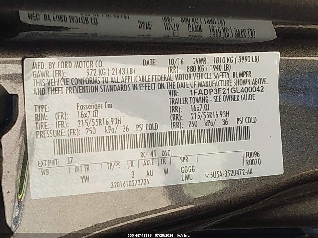 1FADP3F21GL400042 2016 FORD FOCUS photo no. 9