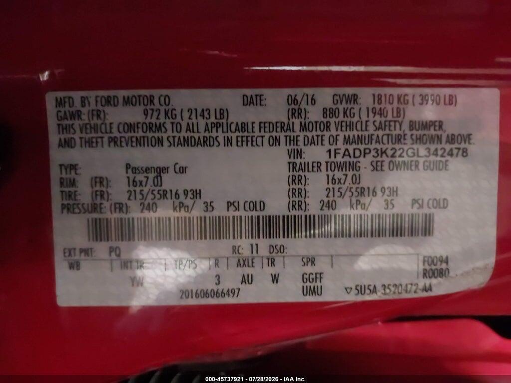 1FADP3K22GL342478 2016 FORD FOCUS photo no. 9