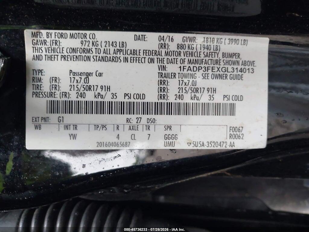 1FADP3FEXGL314013 2016 FORD FOCUS photo no. 9