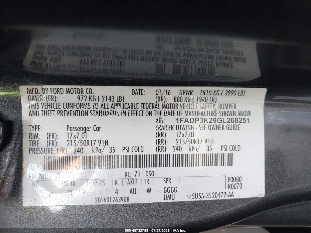 1FADP3K29GL268251 2016 FORD FOCUS photo no. 9
