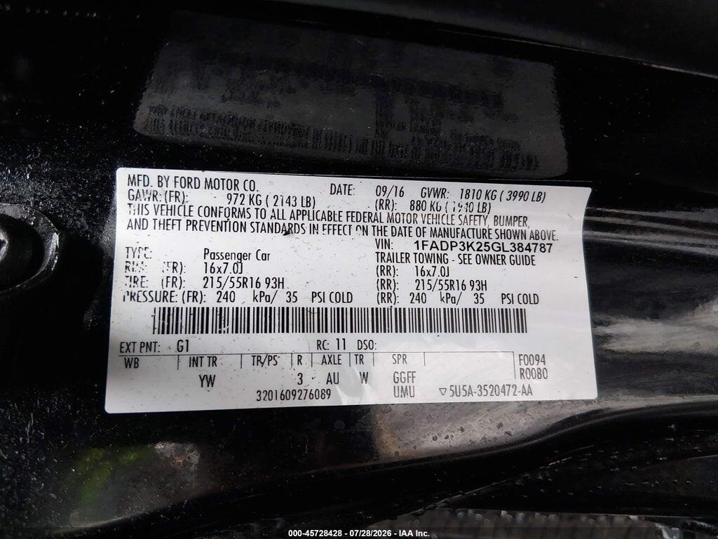 1FADP3K25GL384787 2016 FORD FOCUS photo no. 9