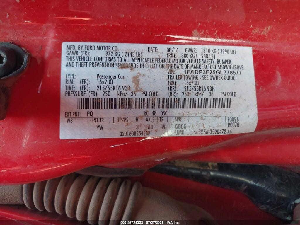 1FADP3F25GL378577 2016 FORD FOCUS photo no. 9