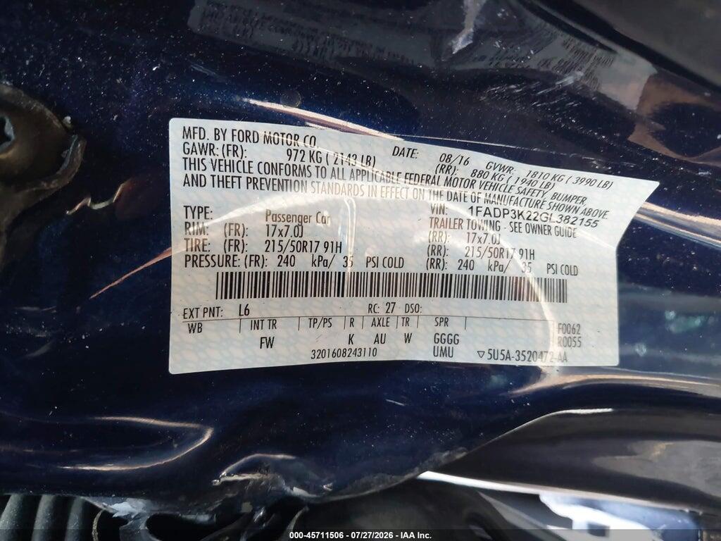 1FADP3K22GL382155 2016 FORD FOCUS photo no. 9