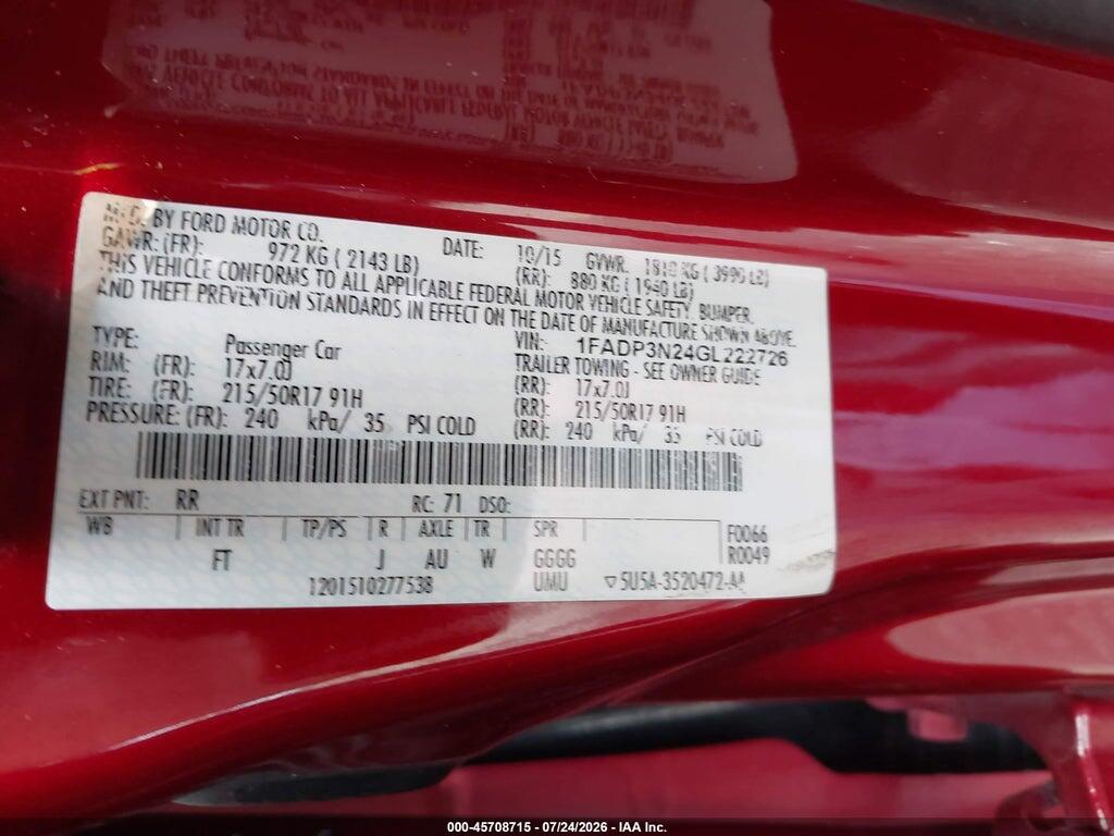 1FADP3N24GL222726 2016 FORD FOCUS photo no. 9