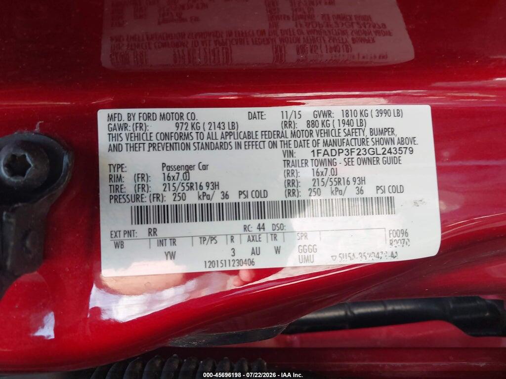 1FADP3F23GL243579 2016 FORD FOCUS photo no. 9