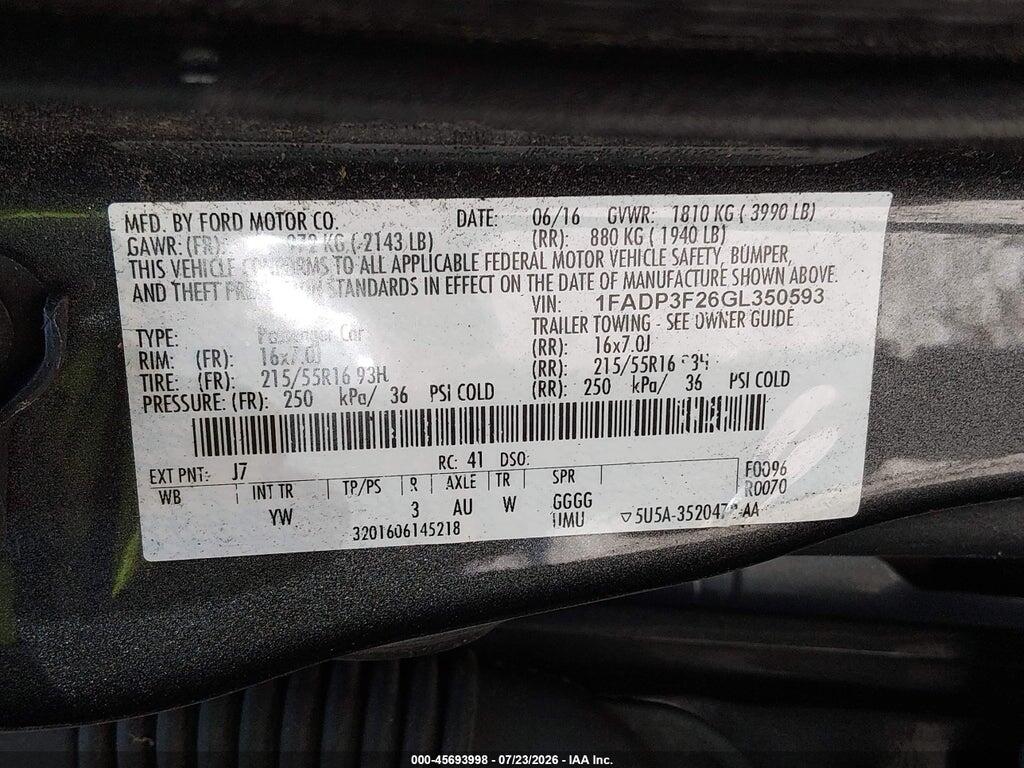 1FADP3F26GL350593 2016 FORD FOCUS photo no. 9