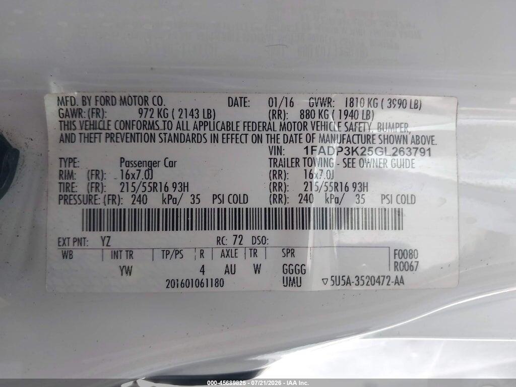 1FADP3K25GL263791 2016 FORD FOCUS photo no. 9