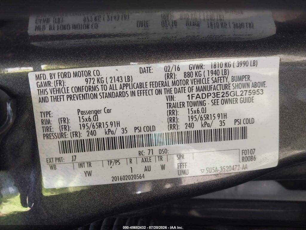 1FADP3E25GL275953 2016 FORD FOCUS photo no. 9