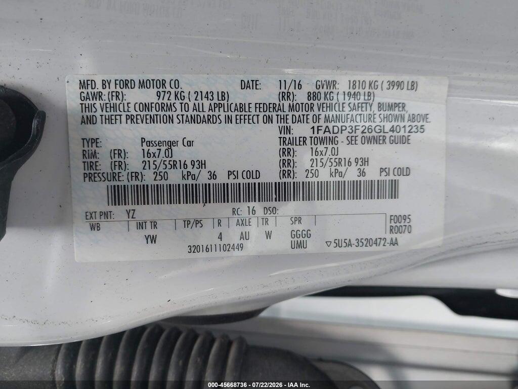 1FADP3F26GL401235 2016 FORD FOCUS photo no. 9