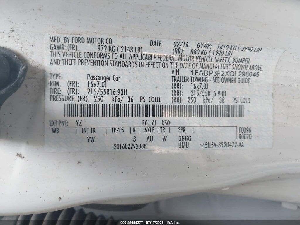 1FADP3F2XGL298045 2016 FORD FOCUS photo no. 9