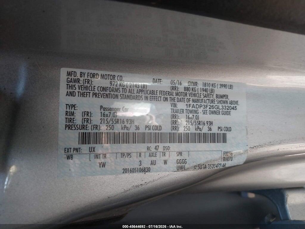 1FADP3F26GL332045 2016 FORD FOCUS photo no. 9