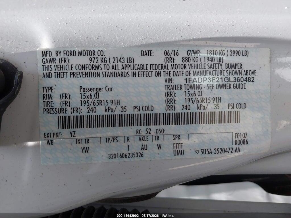 1FADP3E21GL360482 2016 FORD FOCUS photo no. 9