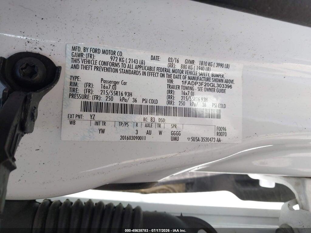 1FADP3F20GL303396 2016 FORD FOCUS photo no. 9