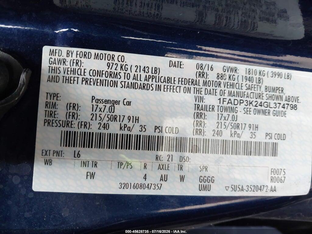 1FADP3K24GL374798 2016 FORD FOCUS photo no. 9